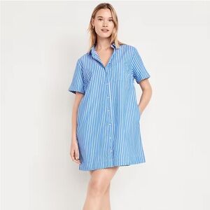 Blue and White Striped Button-Up Shirt Dress